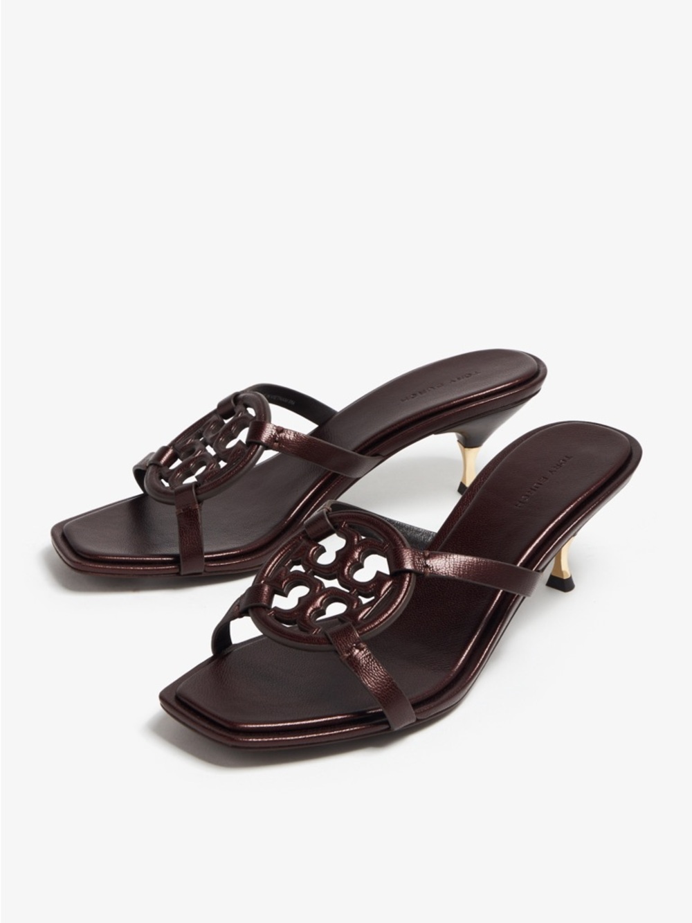 Tory Burch Brown Leather Miller Logo Kitten-Heel Slides. NIB